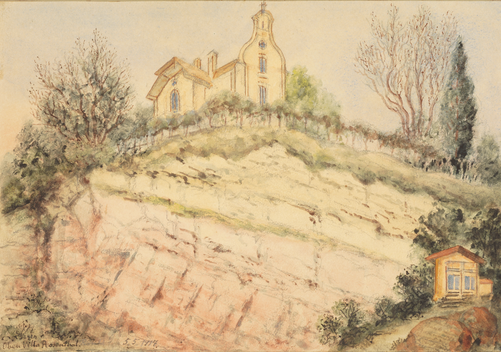 Das bunte Aquarell zeigt die Villa Rosenthal in Untersicht auf einem bilddominierenden Felsen umgeben von Gebüsch. Rechts am Bildrand ist ein kleines Gartenhaus zu sehen, dass kräftiger koloriert ist als das restliche Bild.