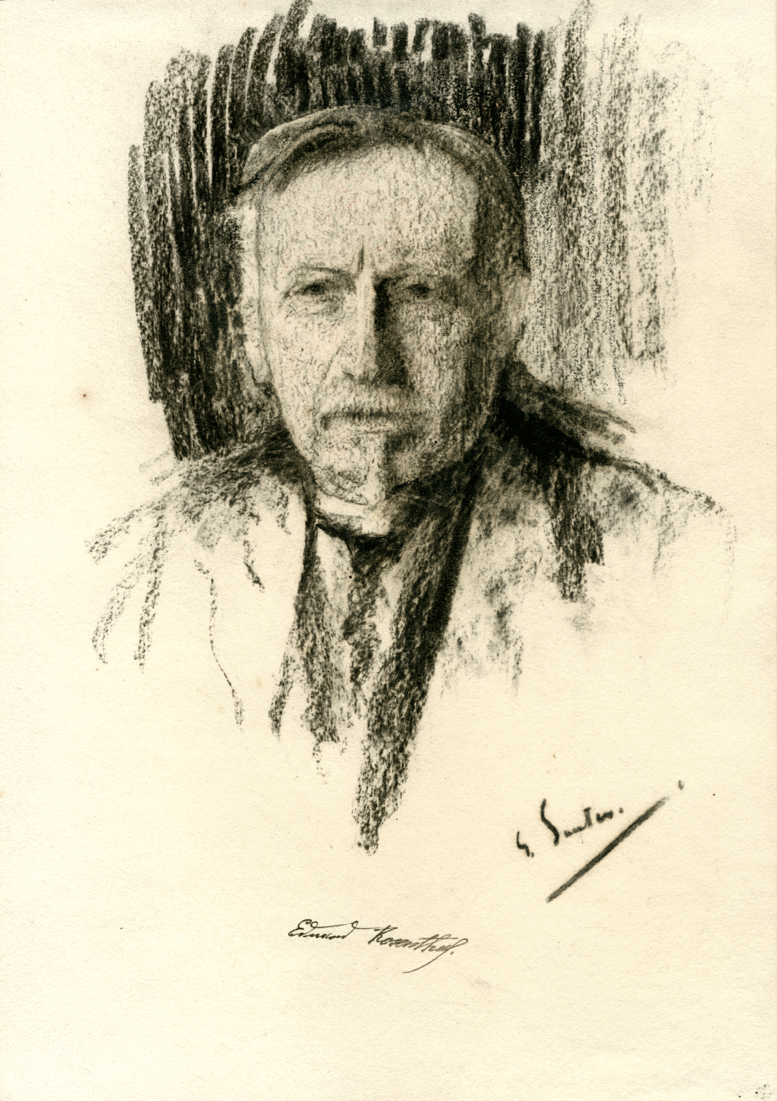 Eine Kohlezeichnung zeigt Eduard Rosenthal in grober Schraffur. Unter dem Bild ist die Signatur des Künstlers und ein Autograph Rosenthals.