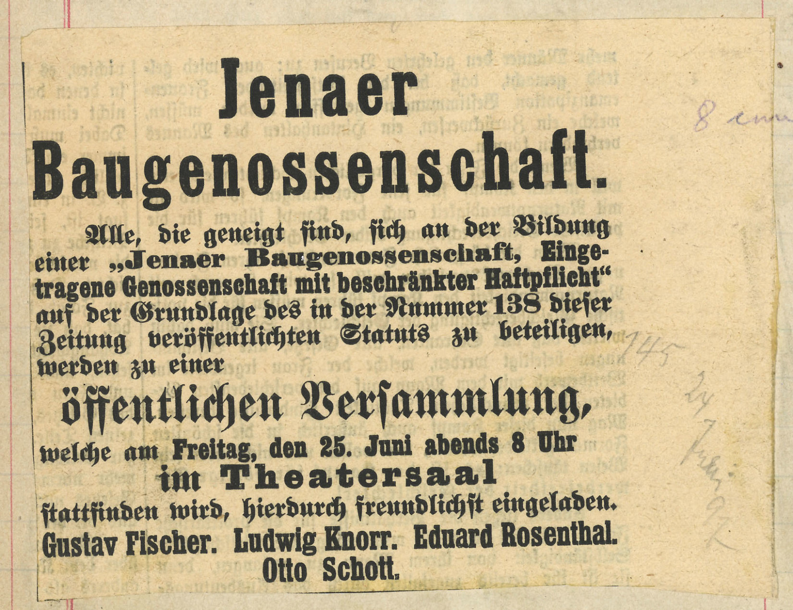 Eine Zeitungsanzeige mit dem Aufruf zur Gründungssitzung der Baugenossenschaft am 24. Juni 1897 in den Theatersaal zu kommen.