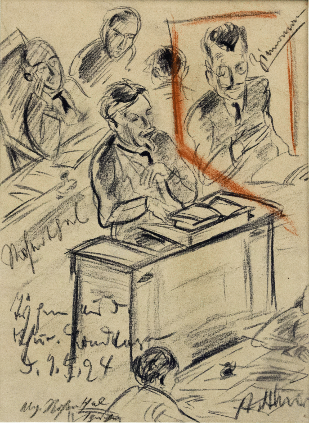 Die Zeichnung zeigt skizzenhaft Eduard Rosenthal am Rednerpult im Landtag 1924. Links steht sein Name. Weitere drei Personen sind hinter ihm angedeutet. Der Mann rechts von ihm ist mit "Zimmermann" bezeichnet.